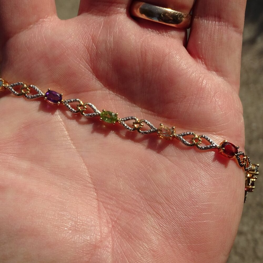 Vintage Gold Plated 925 Semi-Precious Stones Bracelet W Safety 7 1/4"
